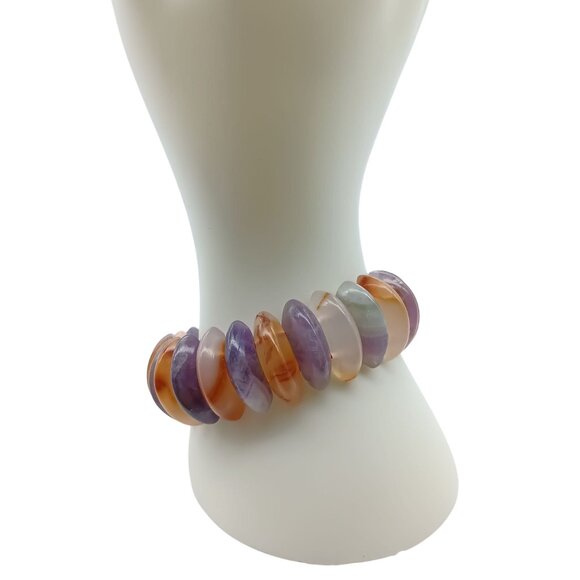 Oblong Gemstone Beaded Stretch Bracelet with Amethyst & Carnelian - Picture 3 of 5